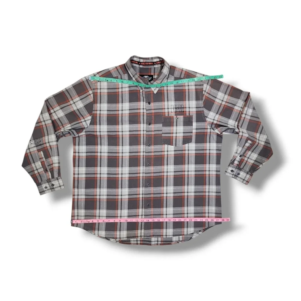 Harley Davidson Motorclothes Grey/Orange Plaid Button Down Long Sleeve Men's 2XL